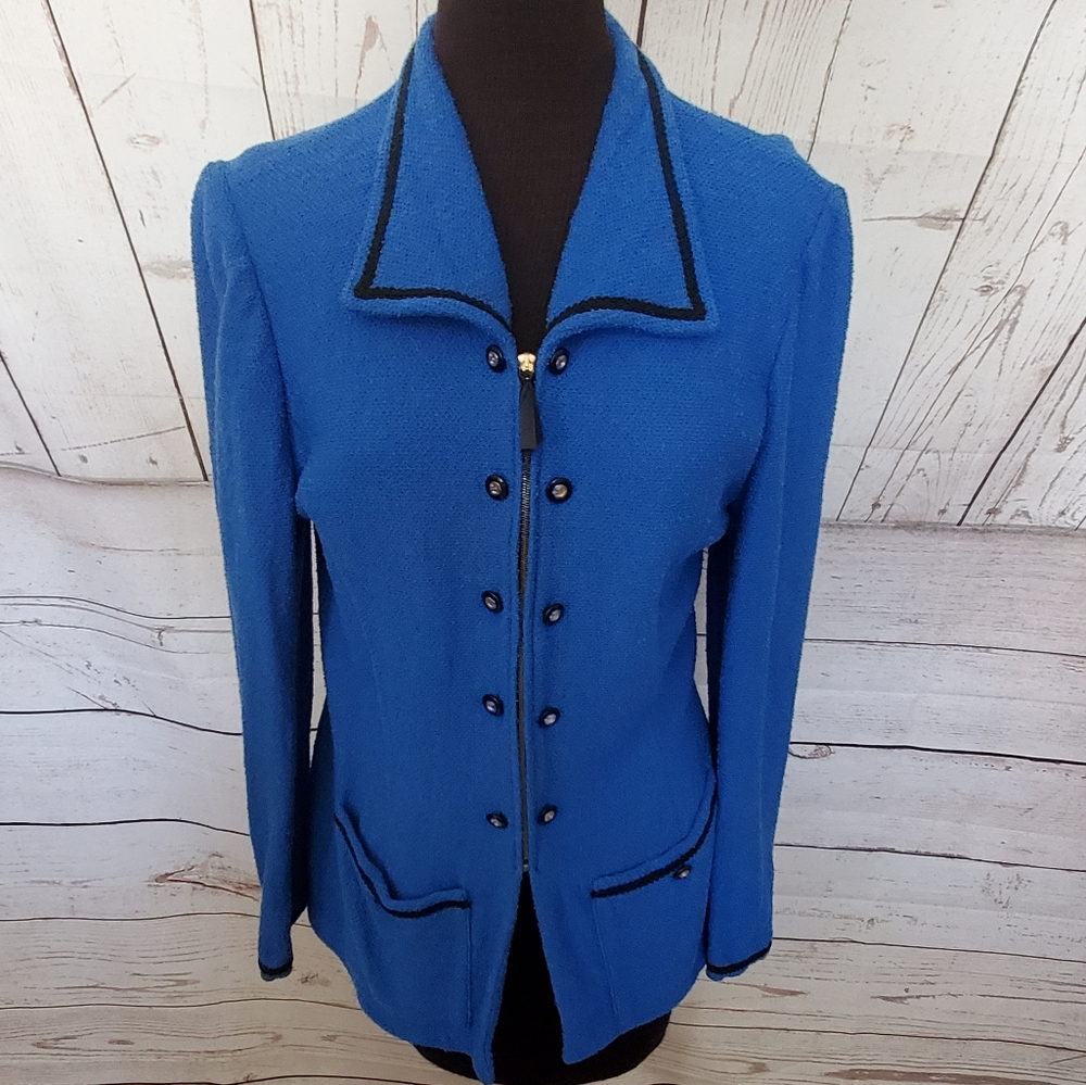 St. John zip front jacket blue with black soutache trim, decorative buttons 8